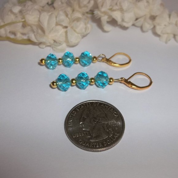 Pretty Turquoise Blue & Gold Earrings Beaded 6327 - Picture 4 of 7